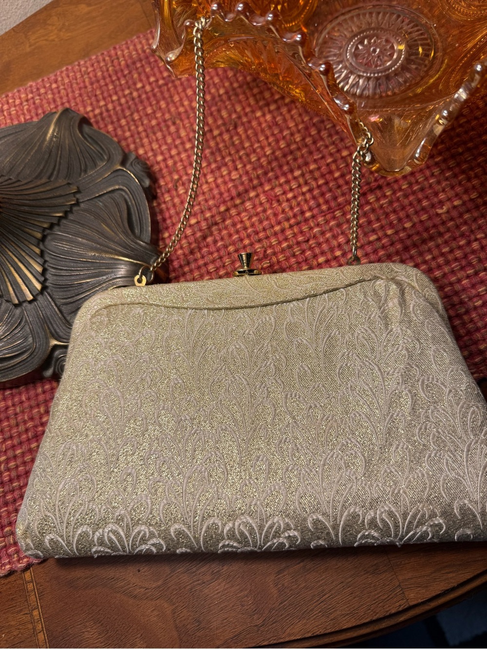 Vintage Gold Metallic Brocade Evening Bag Clutch Chain Strap Formal Purse
